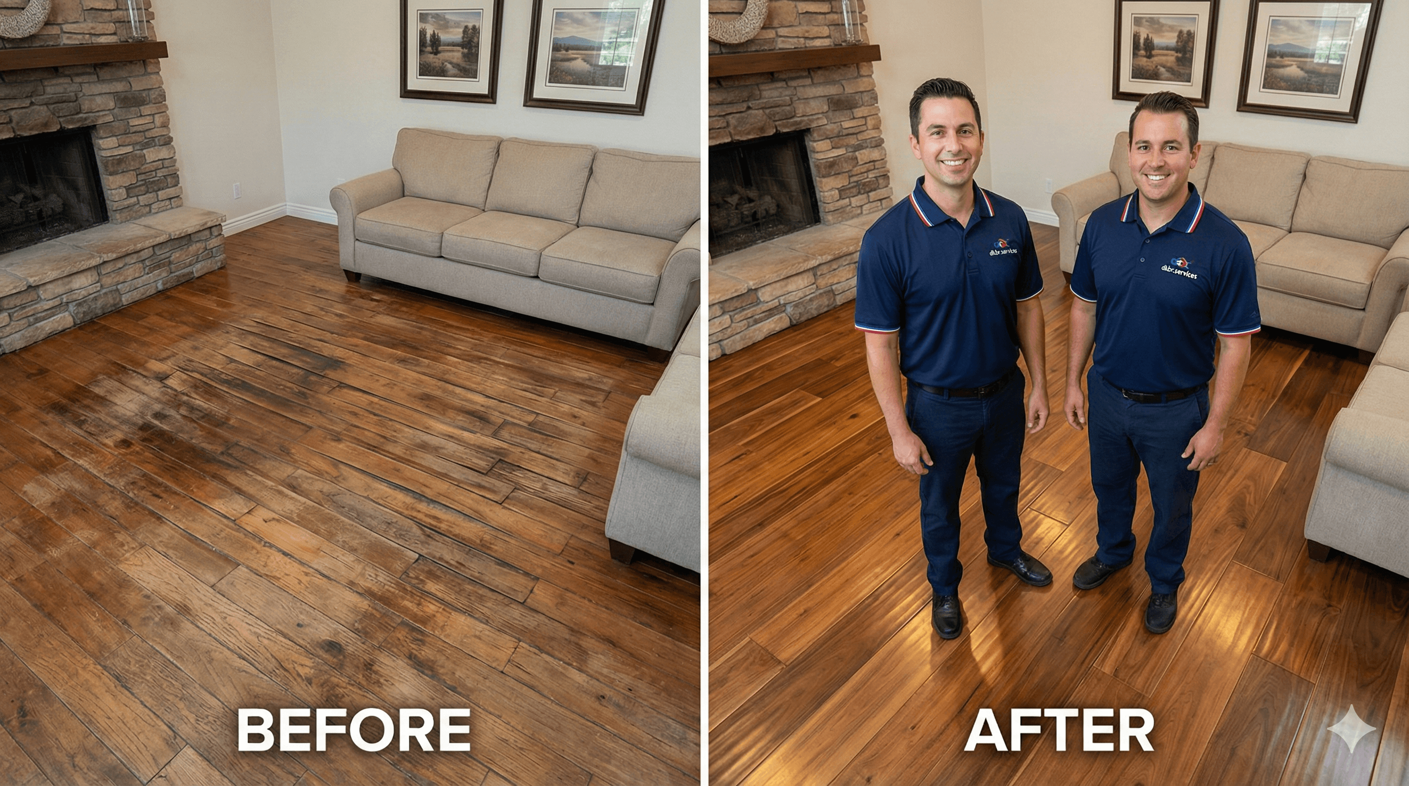 High-angle view comparing severely water-damaged, warped hardwood flooring before repair with newly installed, gleaming wide-plank wood floors completed by DKBR flooring experts.